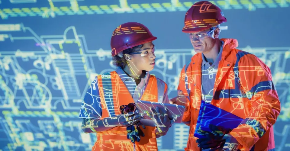 Two industrial workers in front of digital screen
