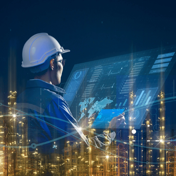 Industrial worker on digital screen managing site resources digitally